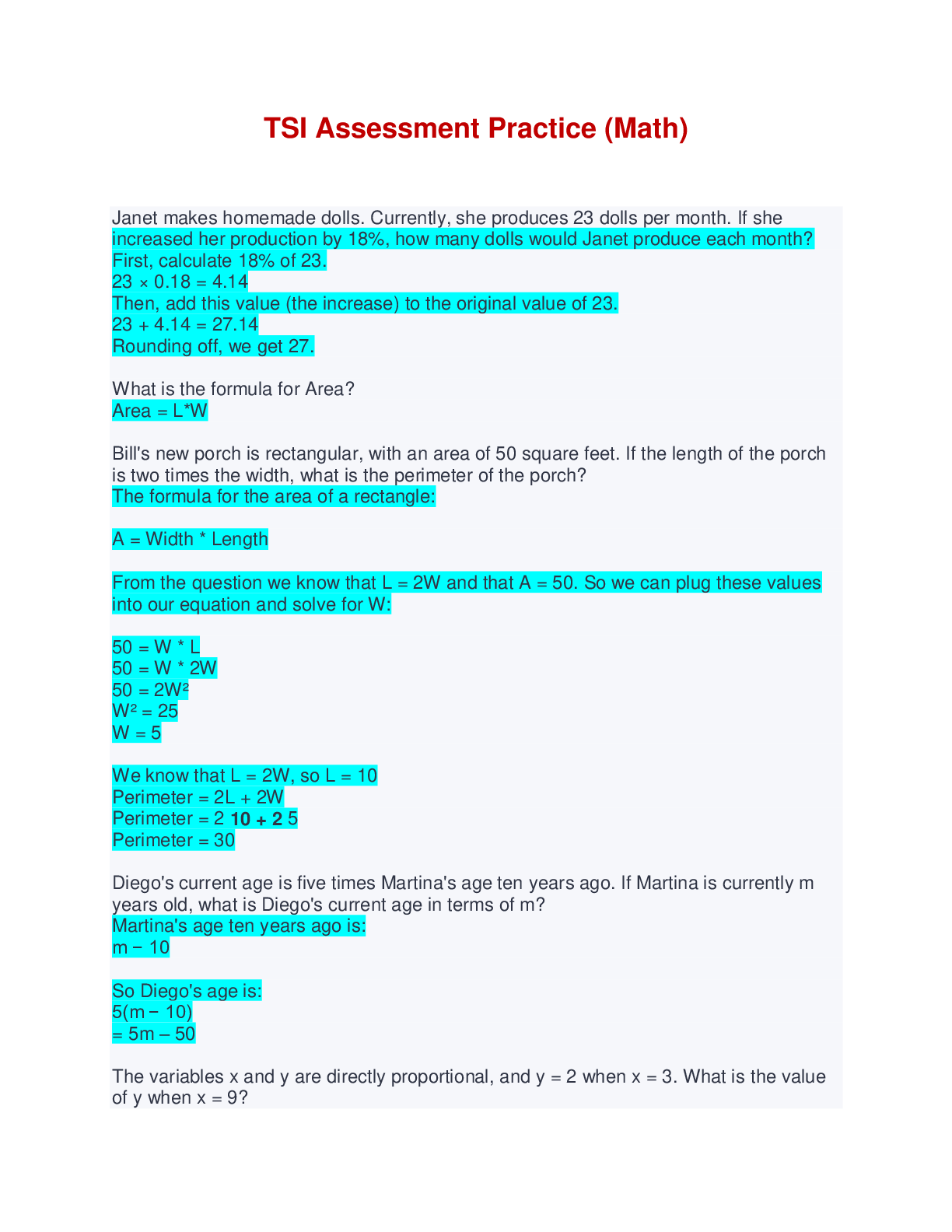 Preview image of 2022-2023 TSI Assessment Practice (Math) Exam document
